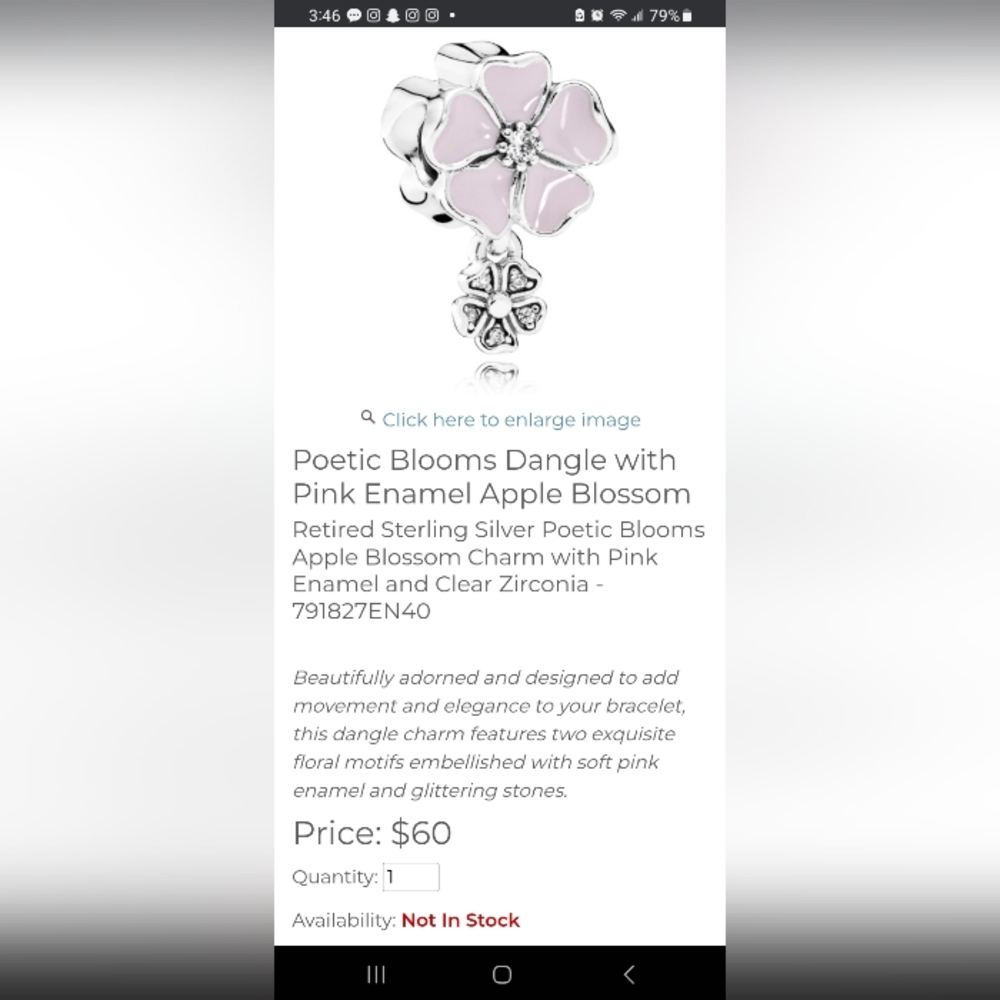 Retired Pandora Poetic Blooms Dangle with Pink Enamel Apple Blossom